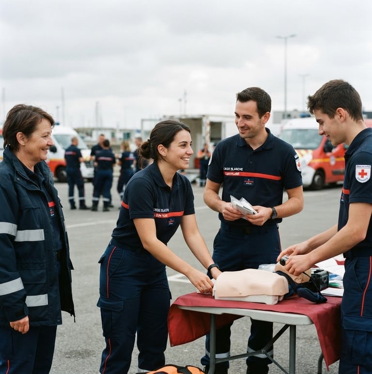 Medium shot of Croix Blanche de Loon-Plage volunteers in navy uniforms, smiling and collaborating during a training exercise, natural overcast daylight, sharp focus, 35mm lens.