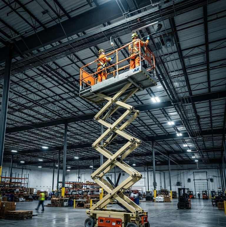 Wide-angle shot of a high-reach scissor lift cleaning a warehouse ceiling, industrial lighting, crew in high-visibility PPE, safety yellow accents.