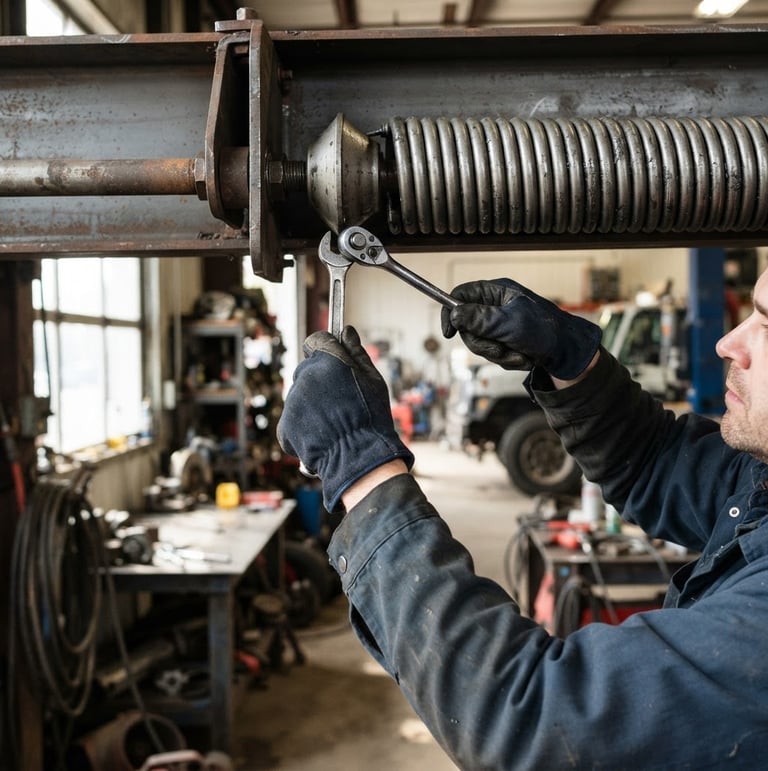 Greencastle garage interior, technician's hands adjusting a heavy-duty torsion spring, natural daylight, focus on mechanical detail, 50mm lens