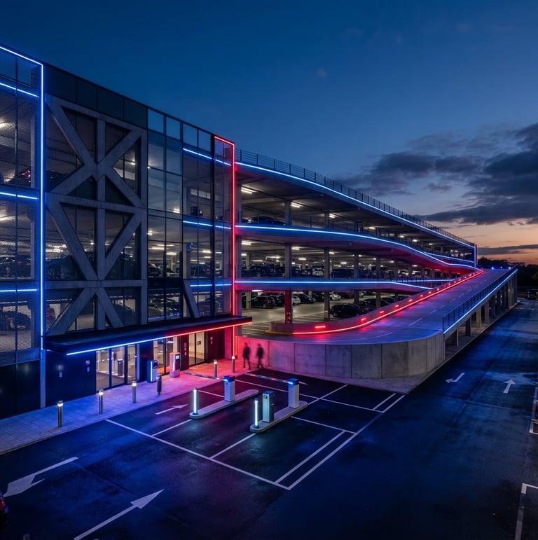 Wide architectural shot of a modern, multi-level parking garage at twilight, illuminated with deep blue and crimson red LED strip lights, showing automated entry barriers and clear linear markings, sharp linear perspective, high contrast.