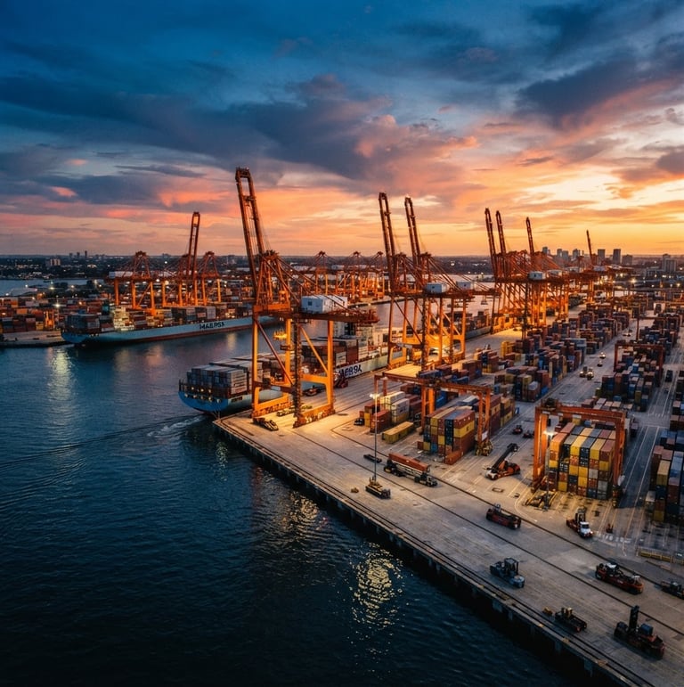 Cinematic industrial photography, wide-angle lens, a massive container terminal at sunset, deep blue water, orange glow on cranes, sharp details, 35mm
