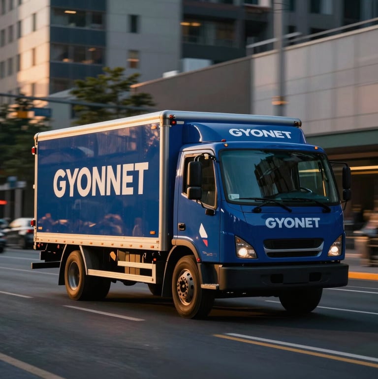 Portrait-oriented, dynamic shot of a modern delivery truck with GYONET branding driving through a city street at golden hour, sharp focus on the truck, blurred urban background, deep blue and orange tones.