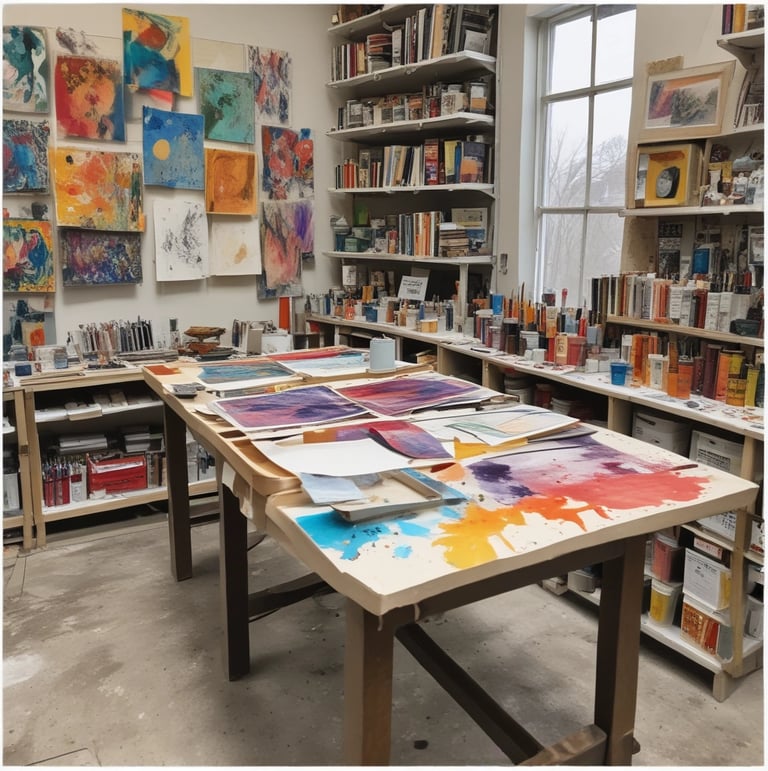 An artist’s studio filled with colorful canvases and brushes in natural light.