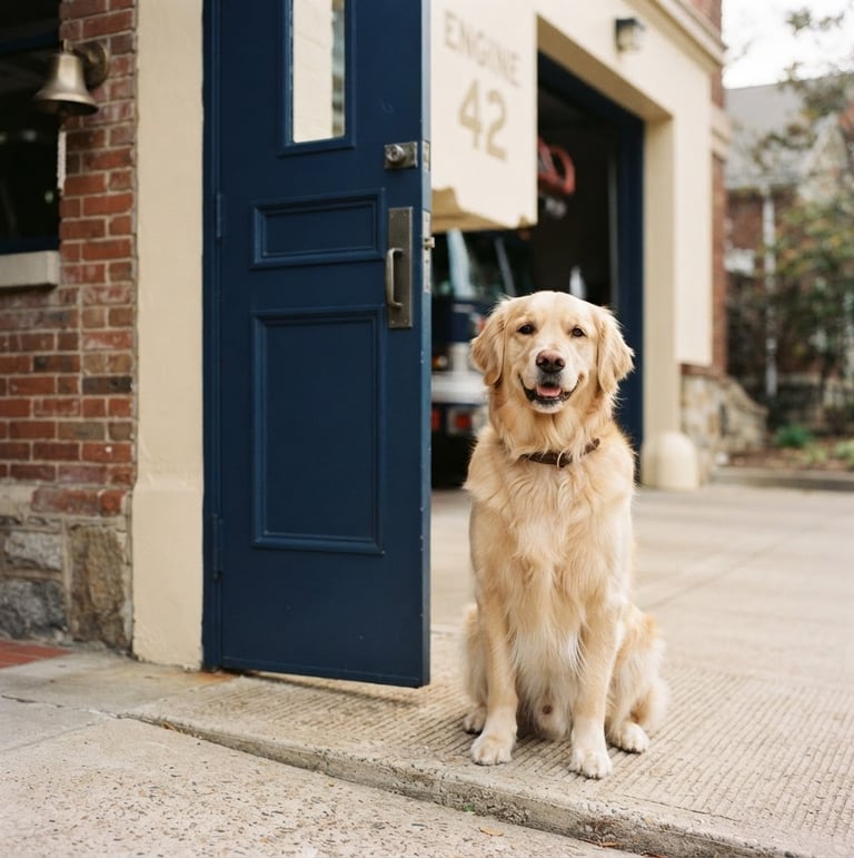 A happy golden retriever sitting patiently next to a clean, well-maintained fire station door, with soft natural daylight. Eye-level framing, shallow depth of field.