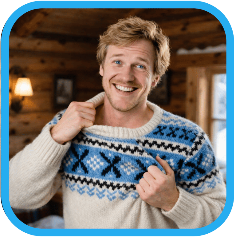 a man wearing a very itchy sweater