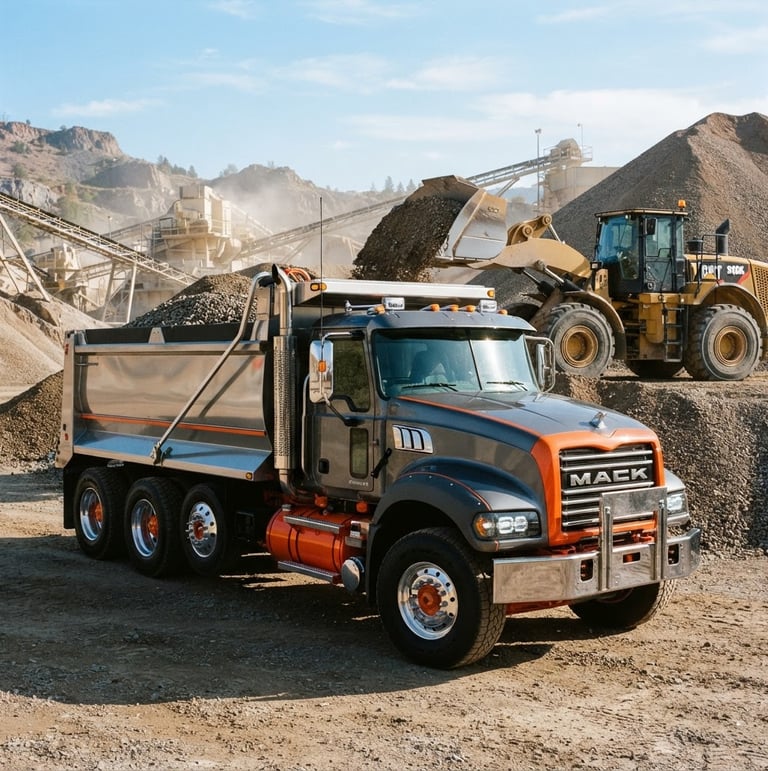Low-angle heroic shot of a meticulously clean tri-axle dump truck, safety orange accents, parked at an active aggregate loading site under crisp morning daylight, high-contrast steel and safety-orange tones, sharp focus, 35mm
