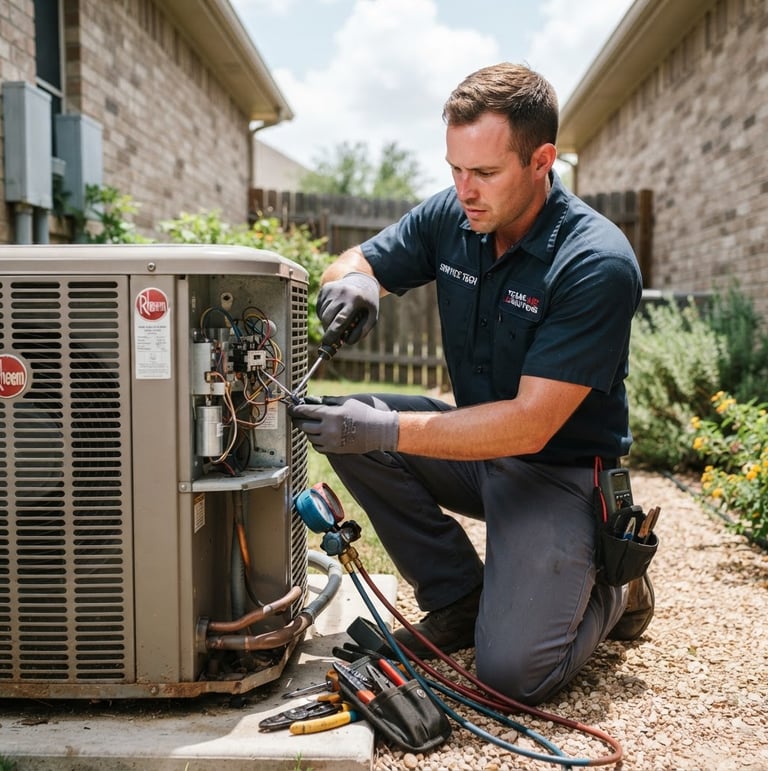 Professional technician in a clean uniform working on an outdoor AC condenser unit, hands-on technical work, bright natural Texas daylight, sharp focus, 35mm.