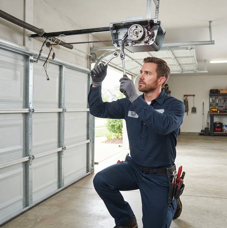 Professional technician in a clean uniform working on a garage door, bright natural daylight, sharp focus, clean industrial tones, 35mm lens
