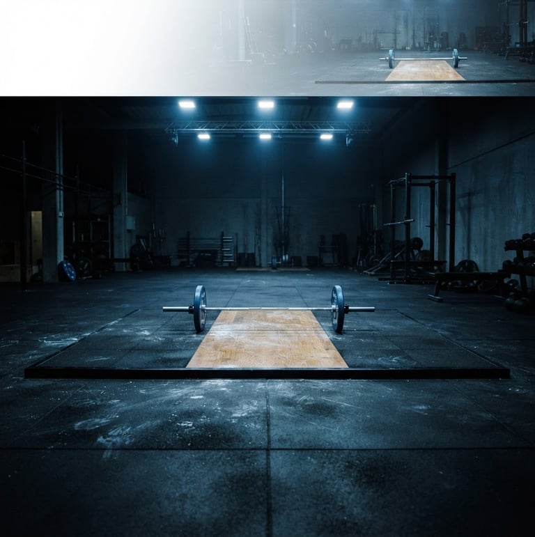 Wide panoramic shot of an empty Olympic weightlifting platform under focused overhead spotlights, barbell centered, chalk dust visible on the dark floor, high contrast cool tones.