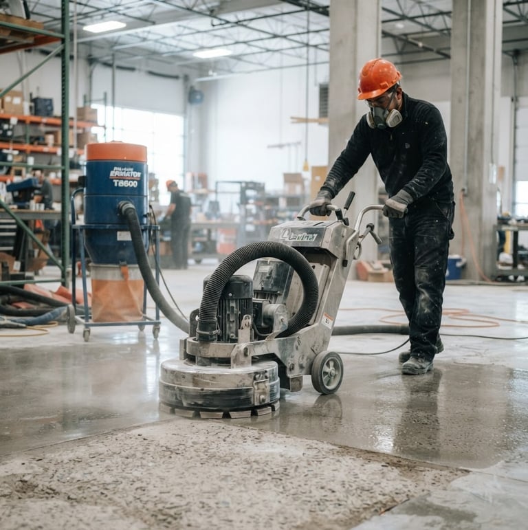Technician performing diamond grinding on a concrete floor, bright industrial lighting, close-up on machinery and dust extraction, high depth of field, 35mm