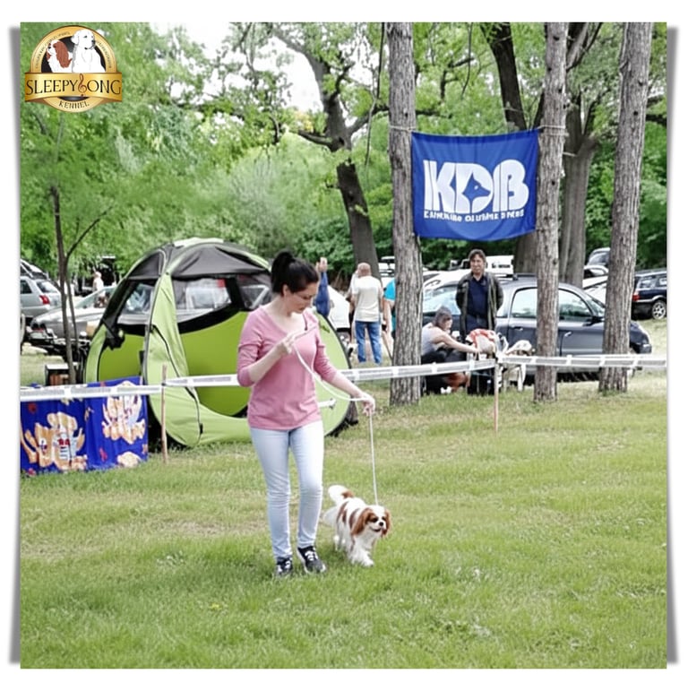 Cavalier King Charles Spaniel, Blenheim female winning dog show from Sleepysong Kennel.