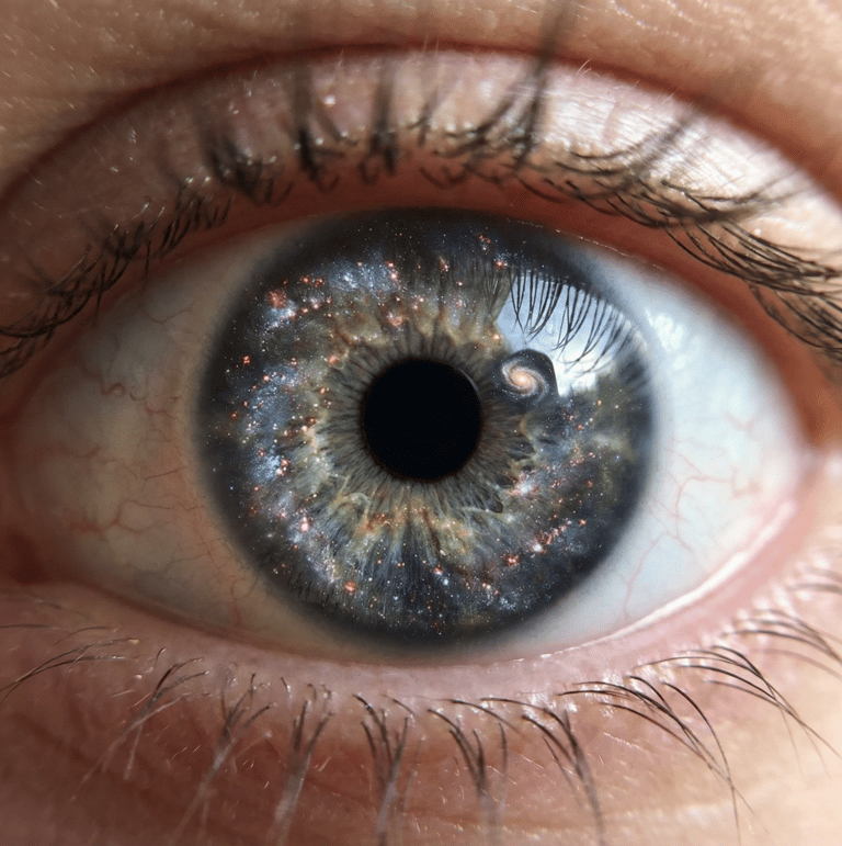 Close-up artistic image of a human eye with a galaxy reflected in the iris, symbolizing AI creativit