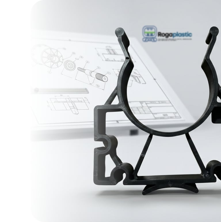 Precision injection molded plastic profile part displayed with technical CAD engineering blueprints.
