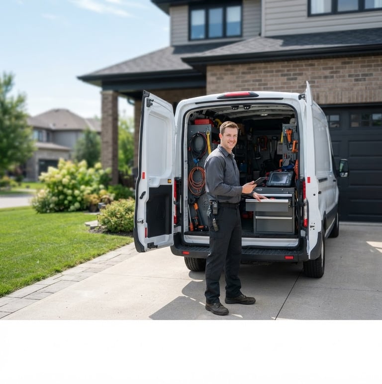 Clean Prime Vision Garage Door's Service Crew truck parked in a residential driveway, technician in uniform standing by the truck, bright daylight, sharp focus.
