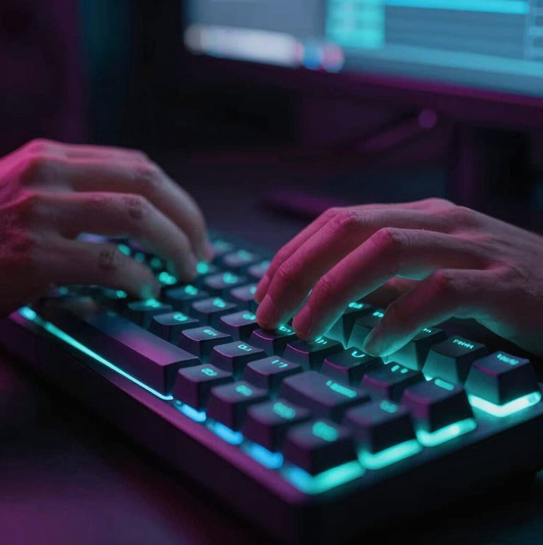 Close-up of a software engineer's hands typing on a mechanical keyboard with cyan key backlighting, dark room, neon screen glow reflecting on hands, shallow depth of field, 35mm