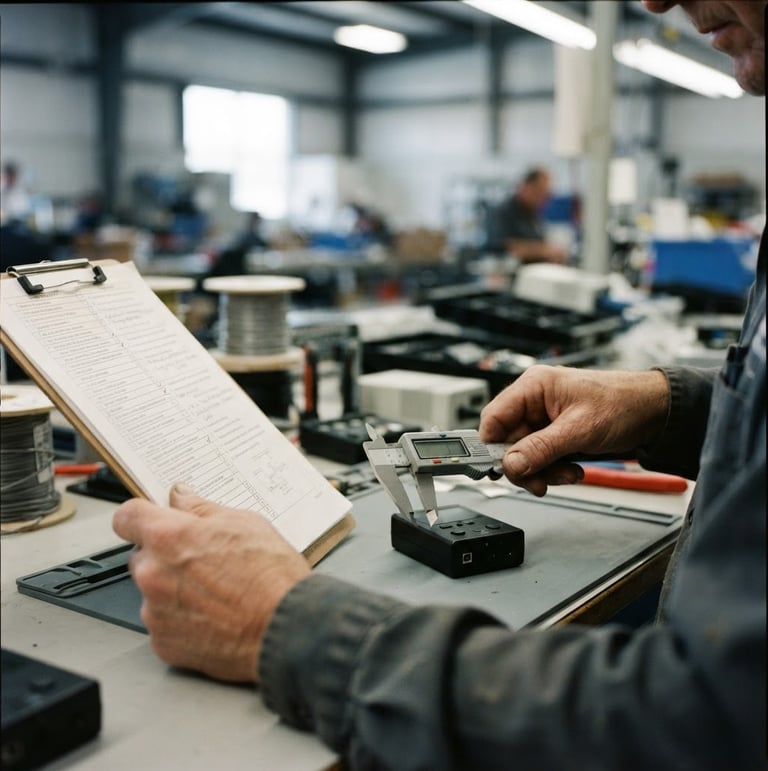 Close-up shot of Jack's hands holding a product inspection checklist and a caliper, checking dimensions of a small electronic device on a factory workbench, natural industrial lighting, documentary style.