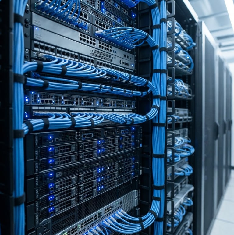 Close up of immaculate server rack with blue status lights and neat ethernet cable management, bright cool-toned daylight, professional technical aesthetic, 35mm