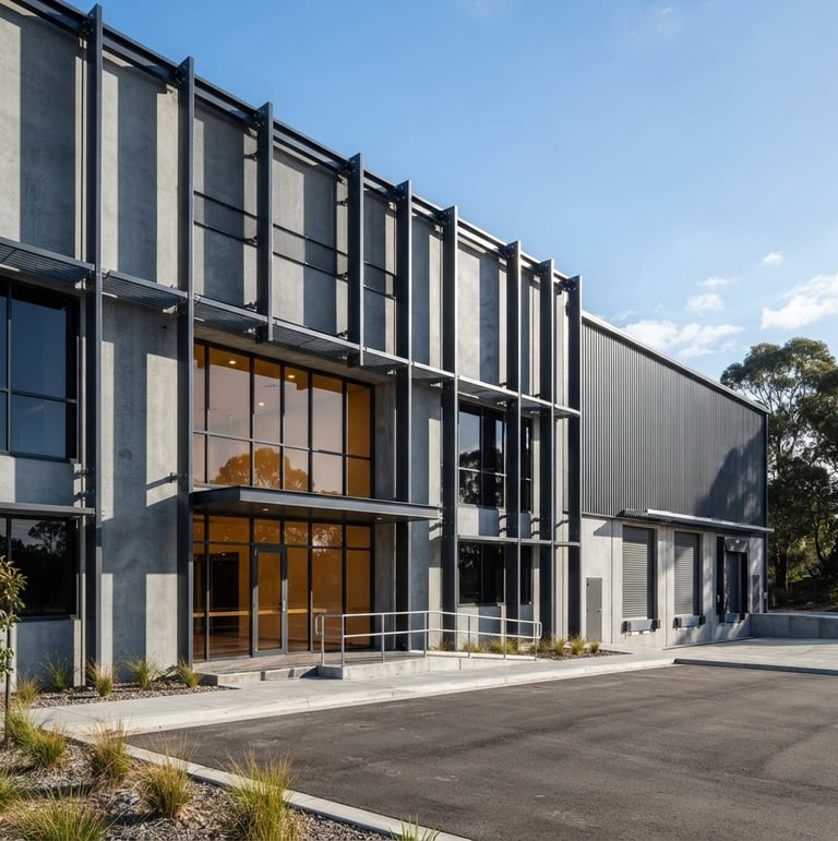 Architectural commercial photography of a modern concrete and steel industrial warehouse facade, crisp natural daylight, deep navy shadows, sharp focus