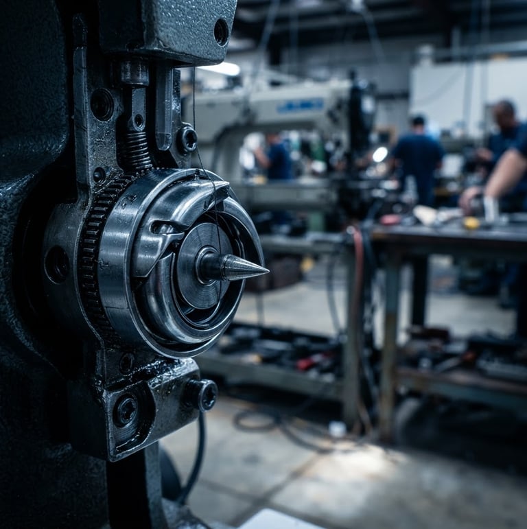 Precision-machined industrial sewing machine rotary hook, close-up, sharp metallic reflections, high-contrast studio lighting, cool gray and deep blue tones, portrait orientation, part positioned on the left side, factory floor in background.
