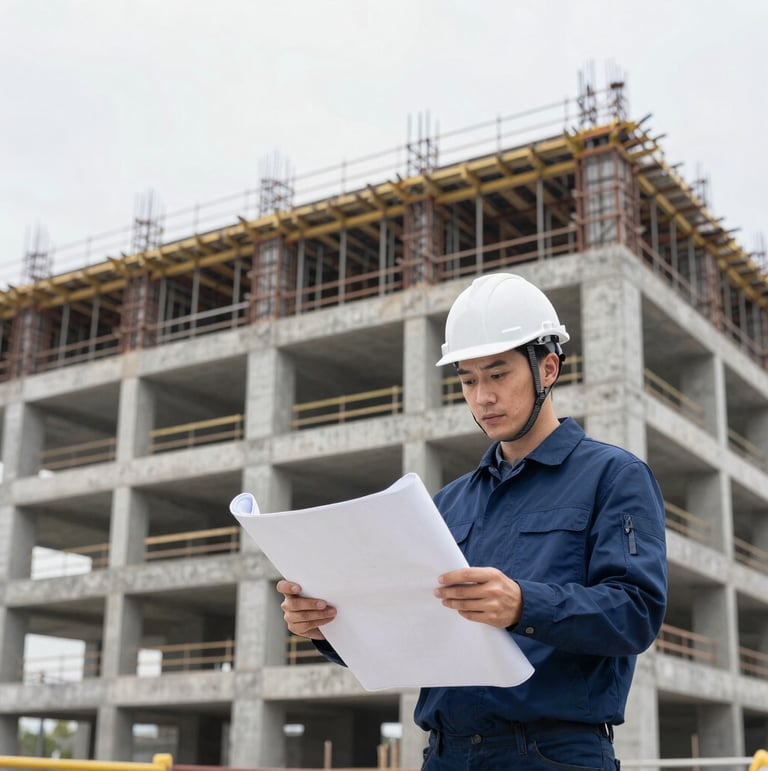 Portrait-oriented image of an engineer on a construction site, wearing a hard hat, reviewing blueprints on a tablet, with a massive concrete structure in the background, crisp daylight, cool tones, sharp focus.