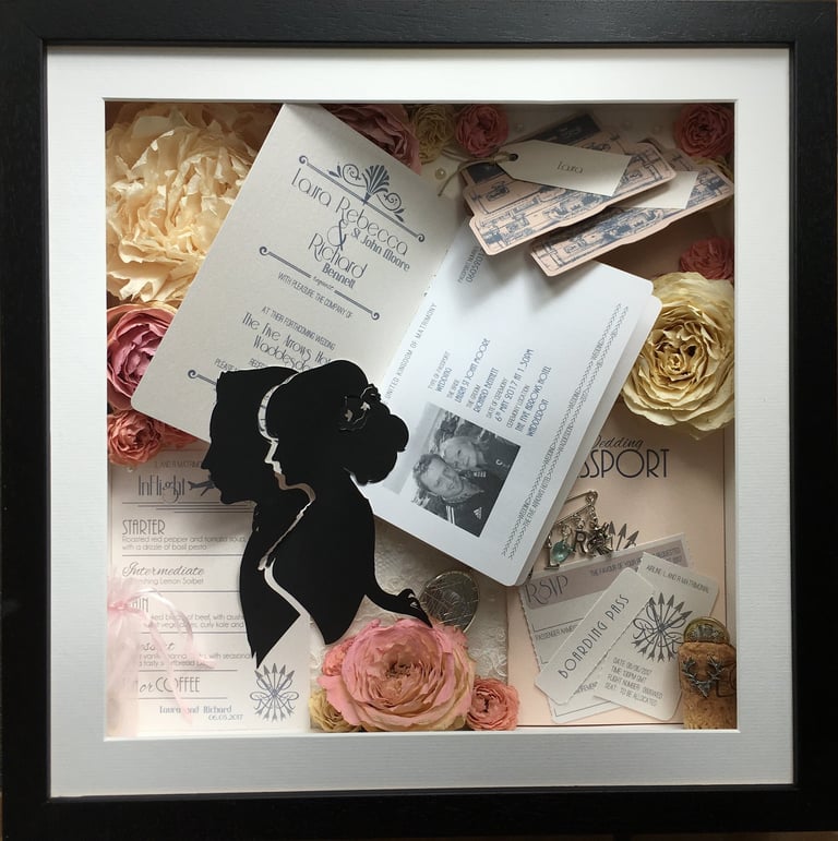 memory box full of preserved wedding flowers and passport themed invitation