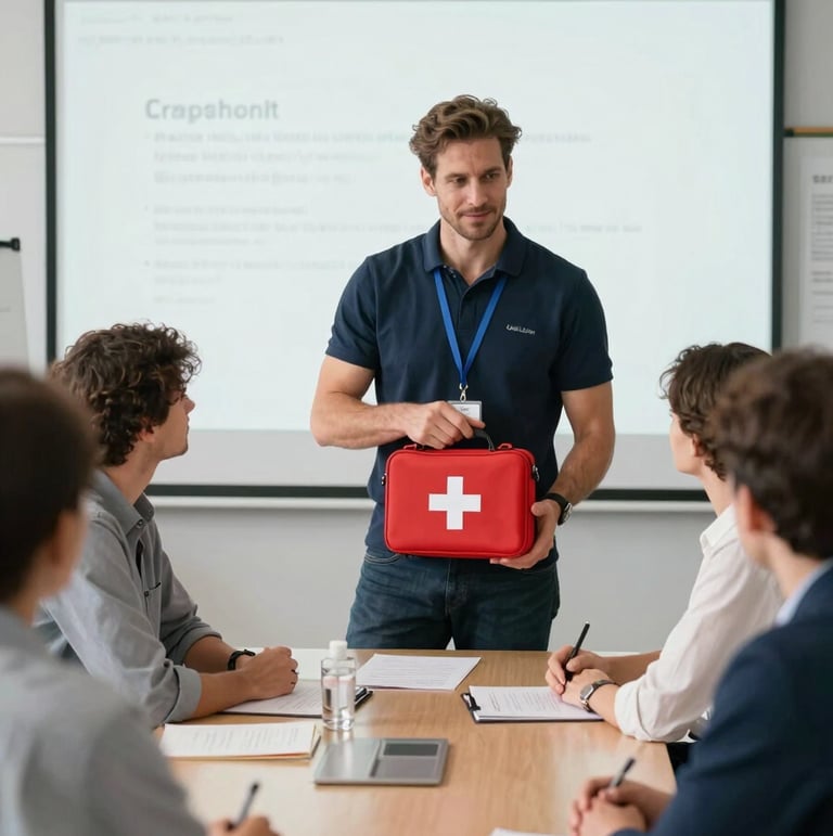 A professional Italian instructor leading a workplace safety training session in a modern, brightly lit conference room, showing participants a first aid kit, cinematic lighting, professional photography.