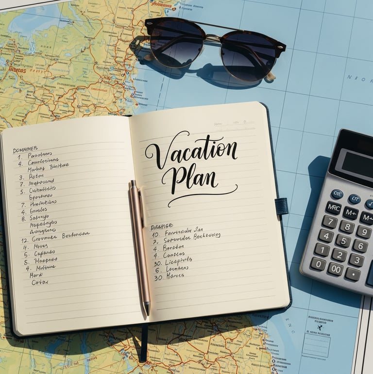 Plano cenital de una libreta con el título ‘Plan Vacaciones’, un mapa, gafas de sol, una calculadora