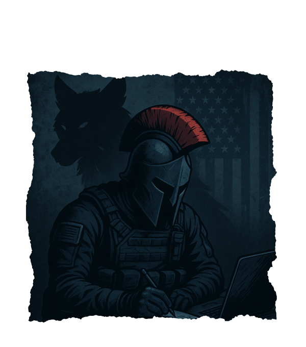 Alpha VI Chronicles storytelling artwork featuring wolf mascot, military heritage, patriotic clothes
