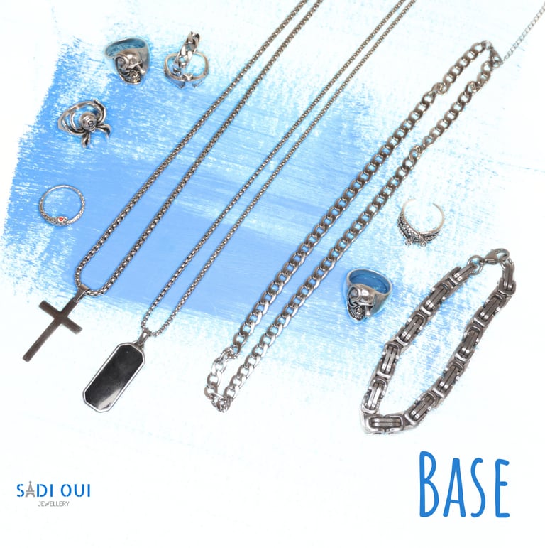 a collection of jewelry and jewelry on a blue background