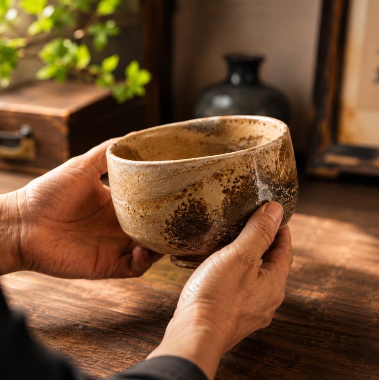 Traditional Japanese chawan tea bowl being carefully inspected as part of Japanese antique sourcing and expertise.