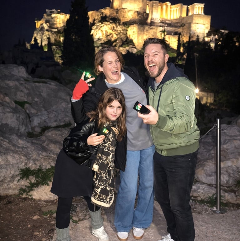 A family having fun on the Athens Ghost Tour who are smiliing and having fun