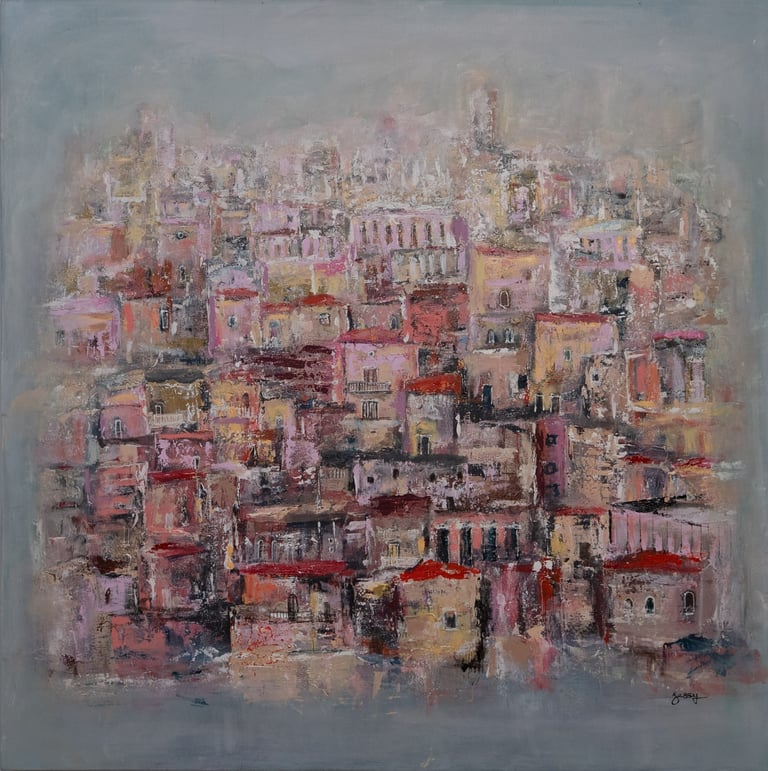 Acrylic on canvas painting  of old town in Lebanon by artist Jessy Tabet