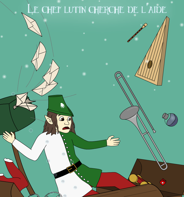 un dessin d'un lutin entouré de coffres a jouets
