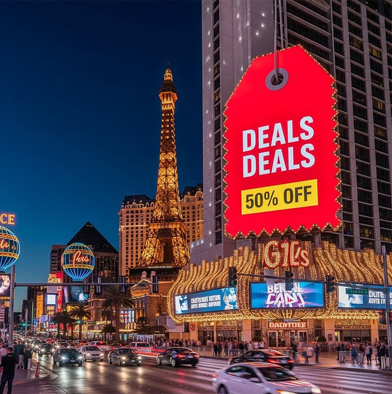 a city street scene with a large sale sign