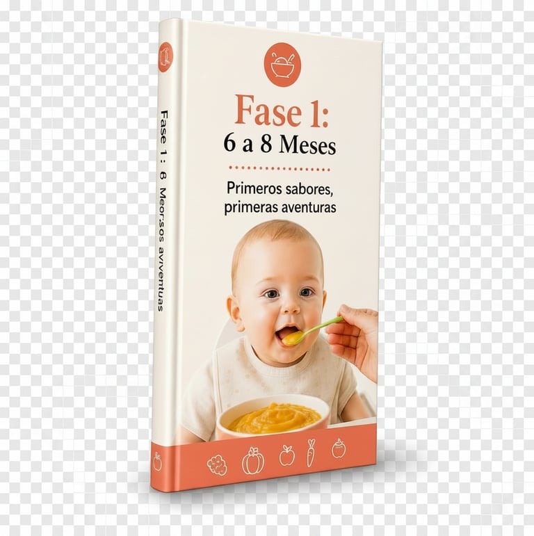 Baby food guide book for infants 6 to 8 months old showing a baby eating vegetable puree.