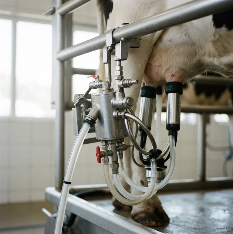 Close-up of a stainless steel milking cluster in a clean, modern dairy parlor, bright natural daylight, sharp focus on metallic valves, 35mm photography.