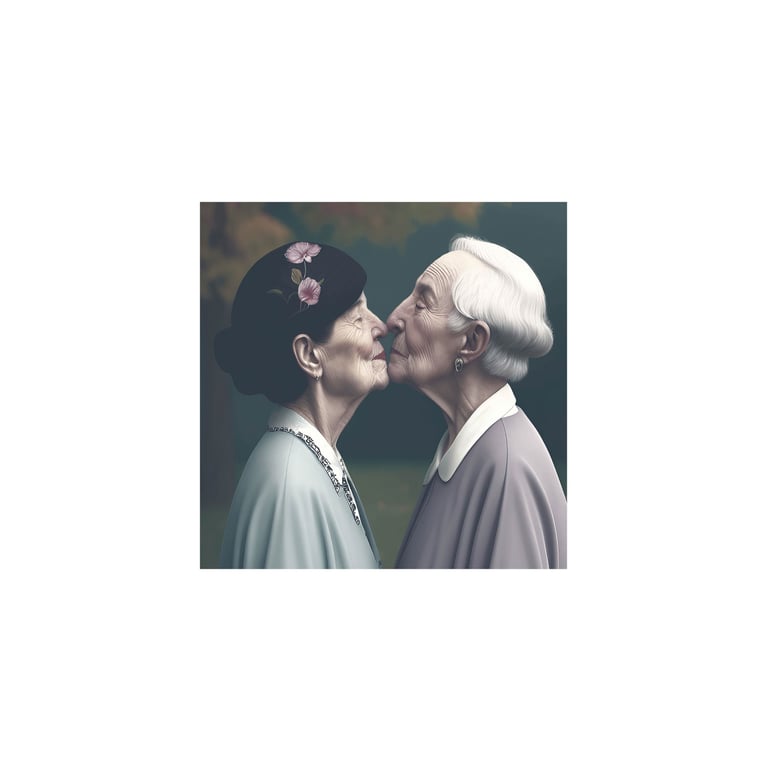a woman and woman kissing in front of a dark background