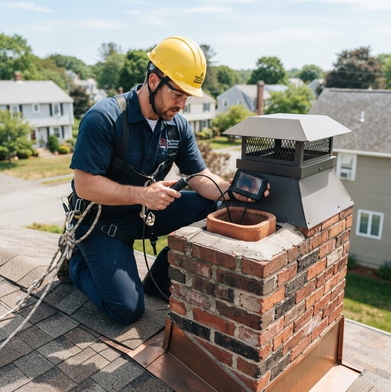 Professional chimney technician in clean uniform, wearing safety gear, inspecting a residential chimney flue on a rooftop. Bright New England daylight, high-contrast charcoal and warm brick tones, sharp focus, 35mm.