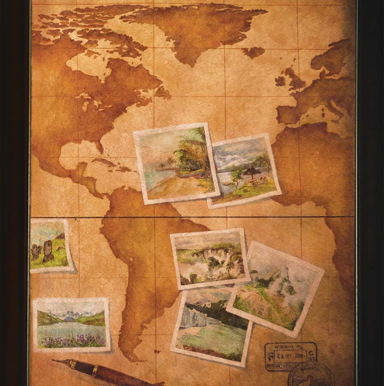 Illustration in watercolour, old map, a pen and photos