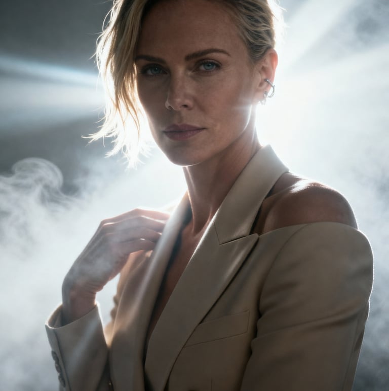 Charlize Theron in a blazer with dramatic backlit lighting and cinematic smoke. 