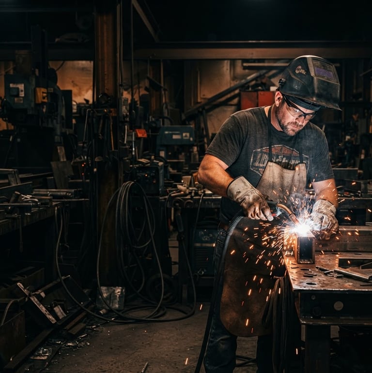 High-contrast, gritty environmental portrait of a welder wearing a Clocked In Unfiltered t-shirt, working in a dimly lit industrial workshop with sparks flying. Burnt orange and deep black tones, sharp 50mm lens, right third composition, wide cinematic frame.