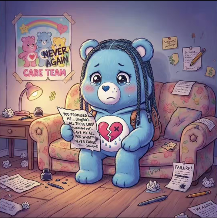 arte de diss de Don Cesão com ursinho carinhoso triste segurando carta