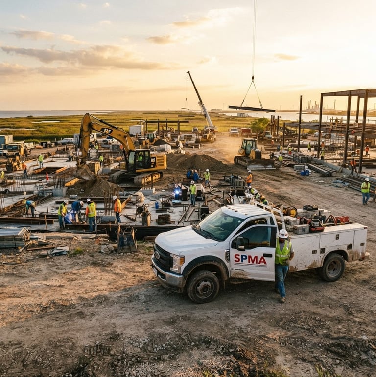Wide panoramic of an active commercial construction site along the Texas Gulf Coast at golden hour, a white utility truck with SPMA branding parked prominently to the right, heavy machinery in the background, high contrast, bright Texas daylight.