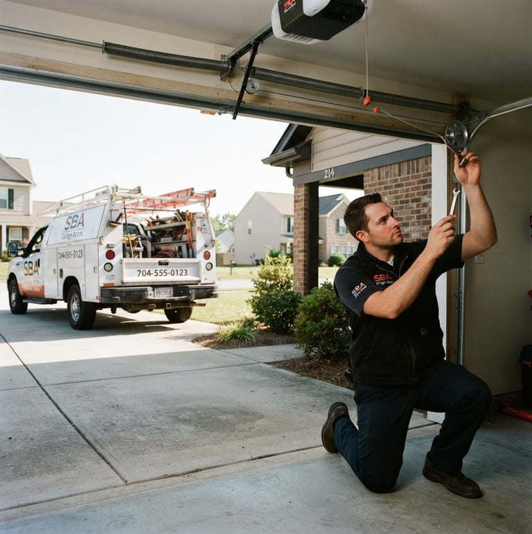 Heavy-duty service truck with SBA Garage Doors branding parked in a Troutman residential driveway, technician in work uniform actively inspecting a garage door mechanism, bright natural daylight, crisp utility photography, 35mm.