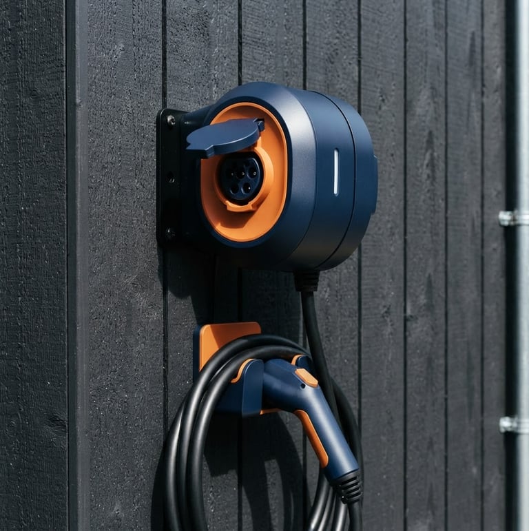 High-contrast close-up of a sleek, modern EV charger installation on a dark exterior wall, sharp commercial photography, bright high-contrast daylight, deep navy and crisp orange tones, clean architectural focus, 35mm