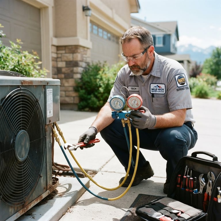 NATE-certified technician diagnosing an outdoor AC condenser unit in a Westminster residential driveway under bright Colorado daylight, focused on the gauge, clean tools visible