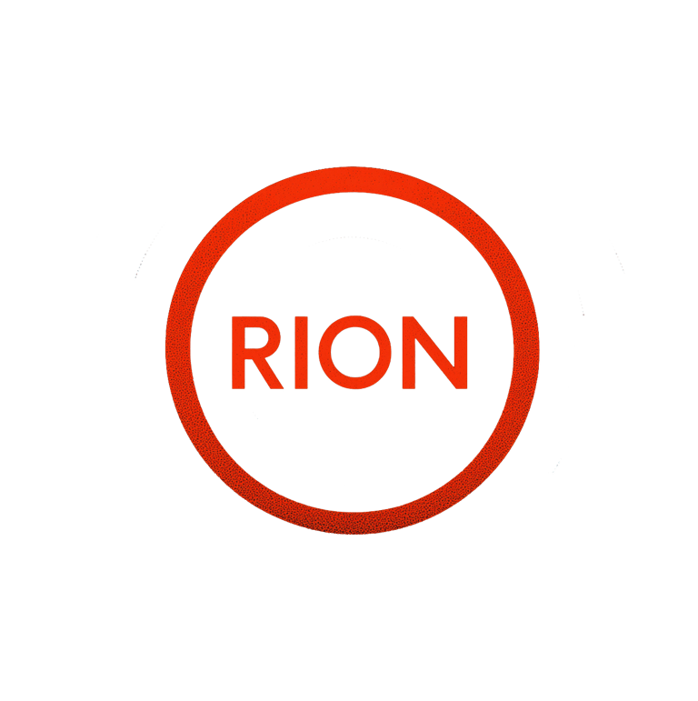 a red and black logo with the word, RION.