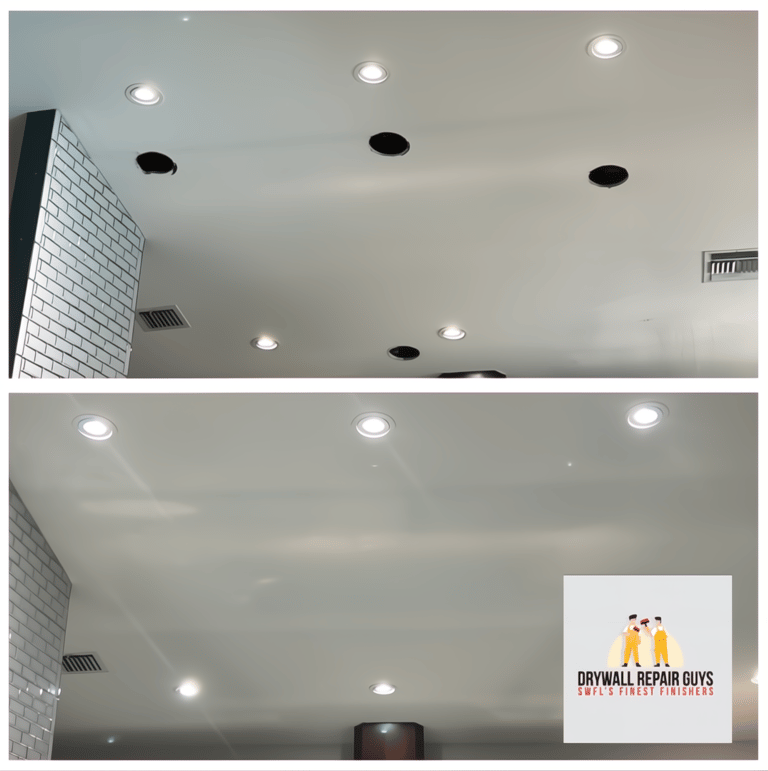 Before & After of drywall repair to a kitchen ceiling