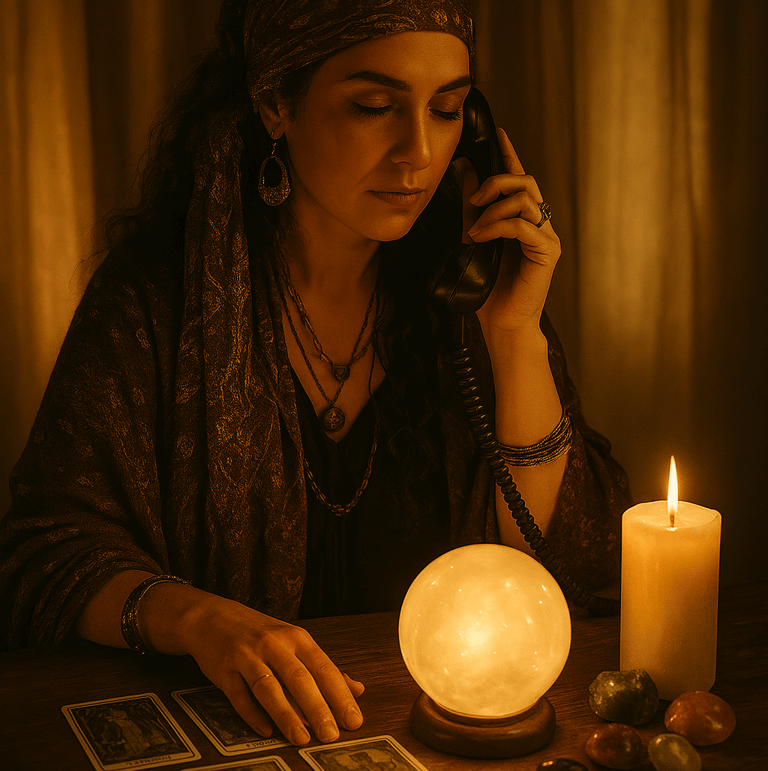 une voyante bohémienne au téléphone, entourée de cartes, d’une boule de cristal, de bougies et de pi