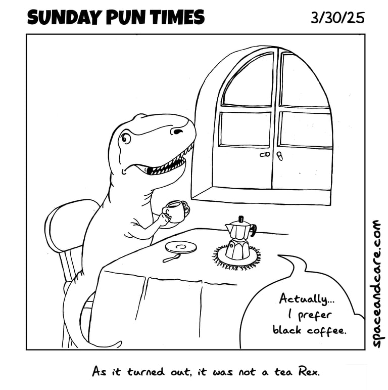 A T-rex drinking coffee at a cafe.